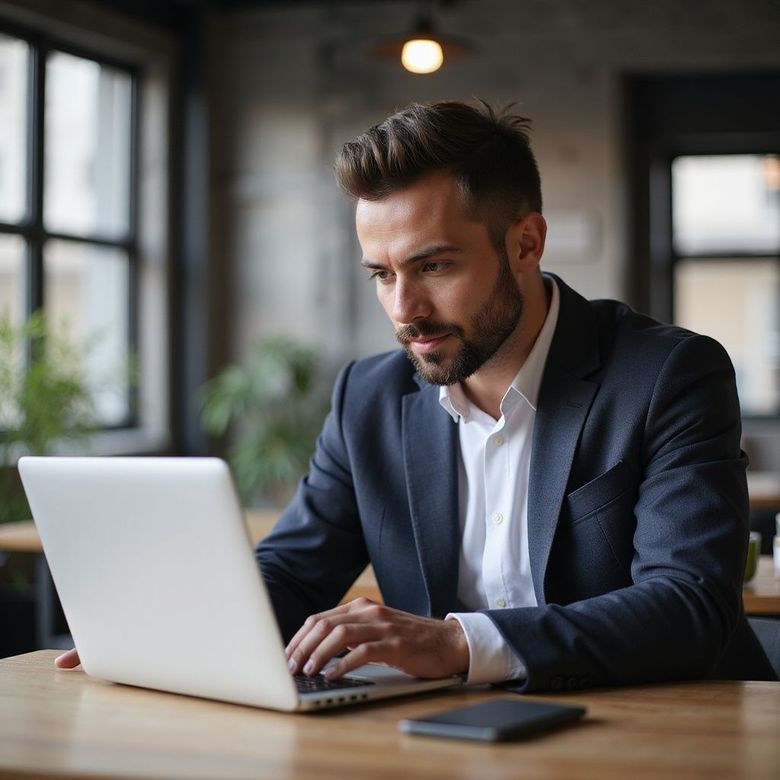 Man in suit working on a laptop at a table in a cafe.