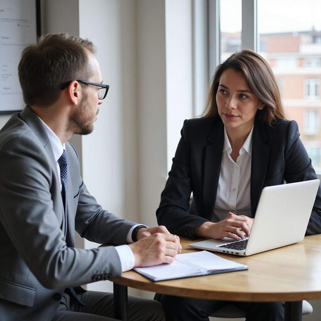 A man and woman in suits sit at a table, discussing; woman has laptop open.