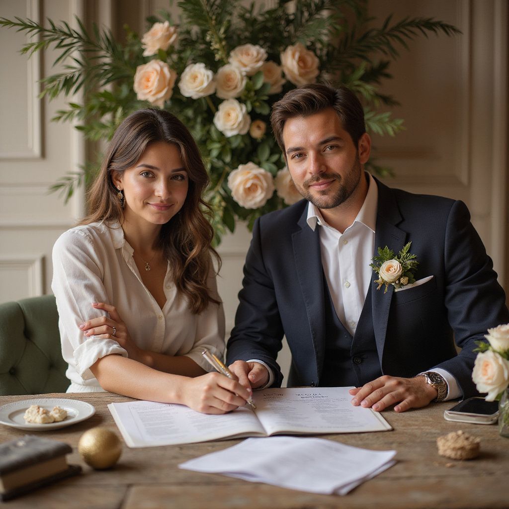 Couple signing marriage documents, smiling. Roses and greenery decorate the setting.