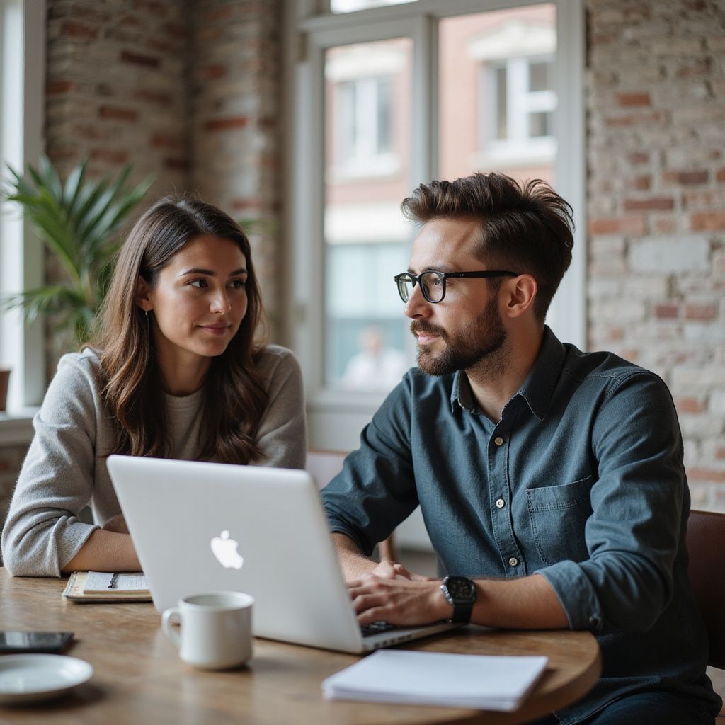 Woman and man looking at a laptop together at a round table. Brick wall and window in background.