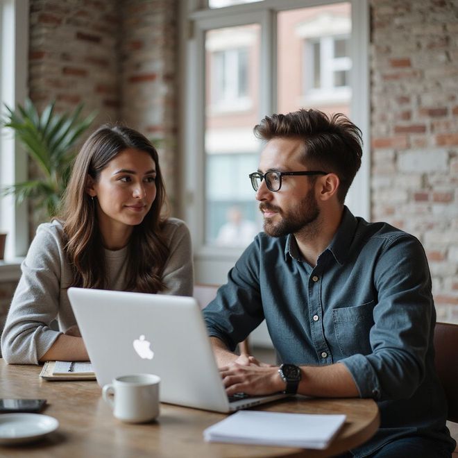 Woman and man looking at a laptop together at a round table. Brick wall and window in background.