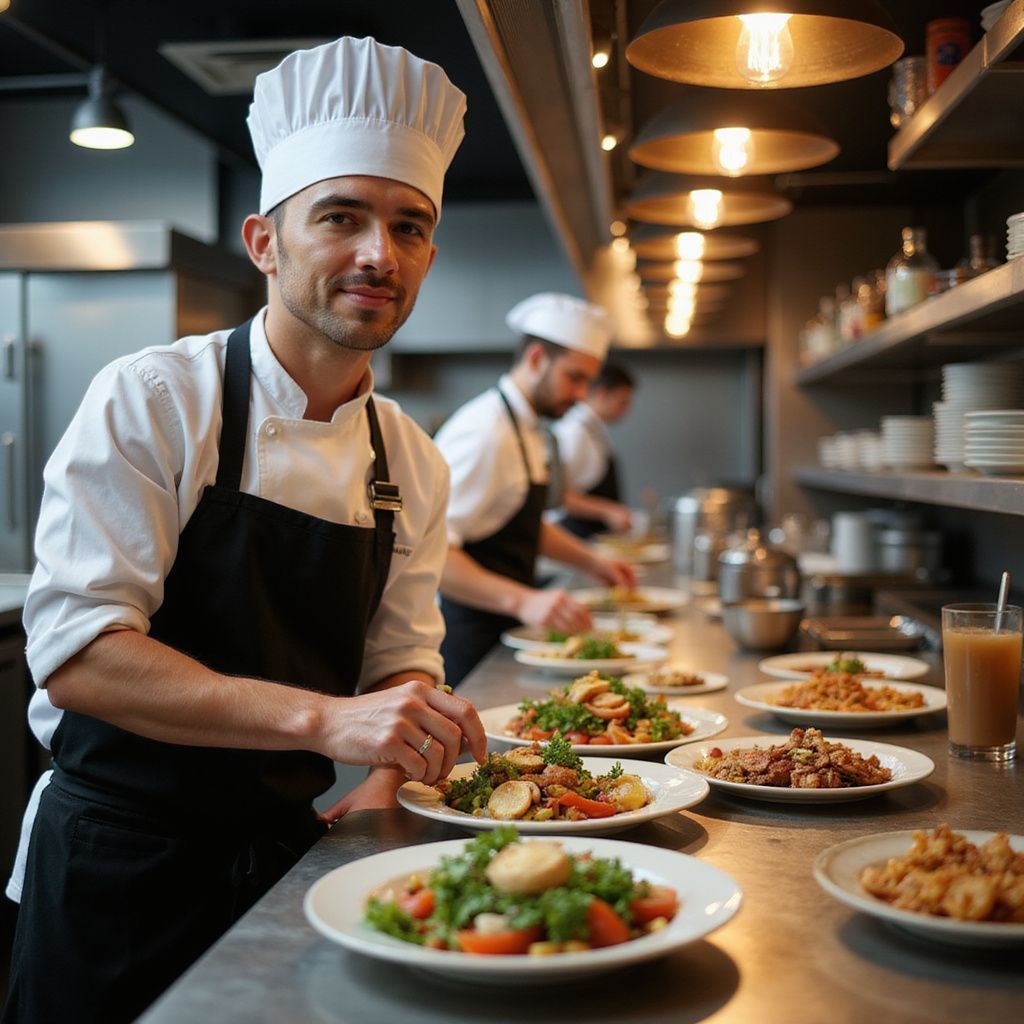 Chef in white hat and apron plates dishes in a restaurant kitchen.
