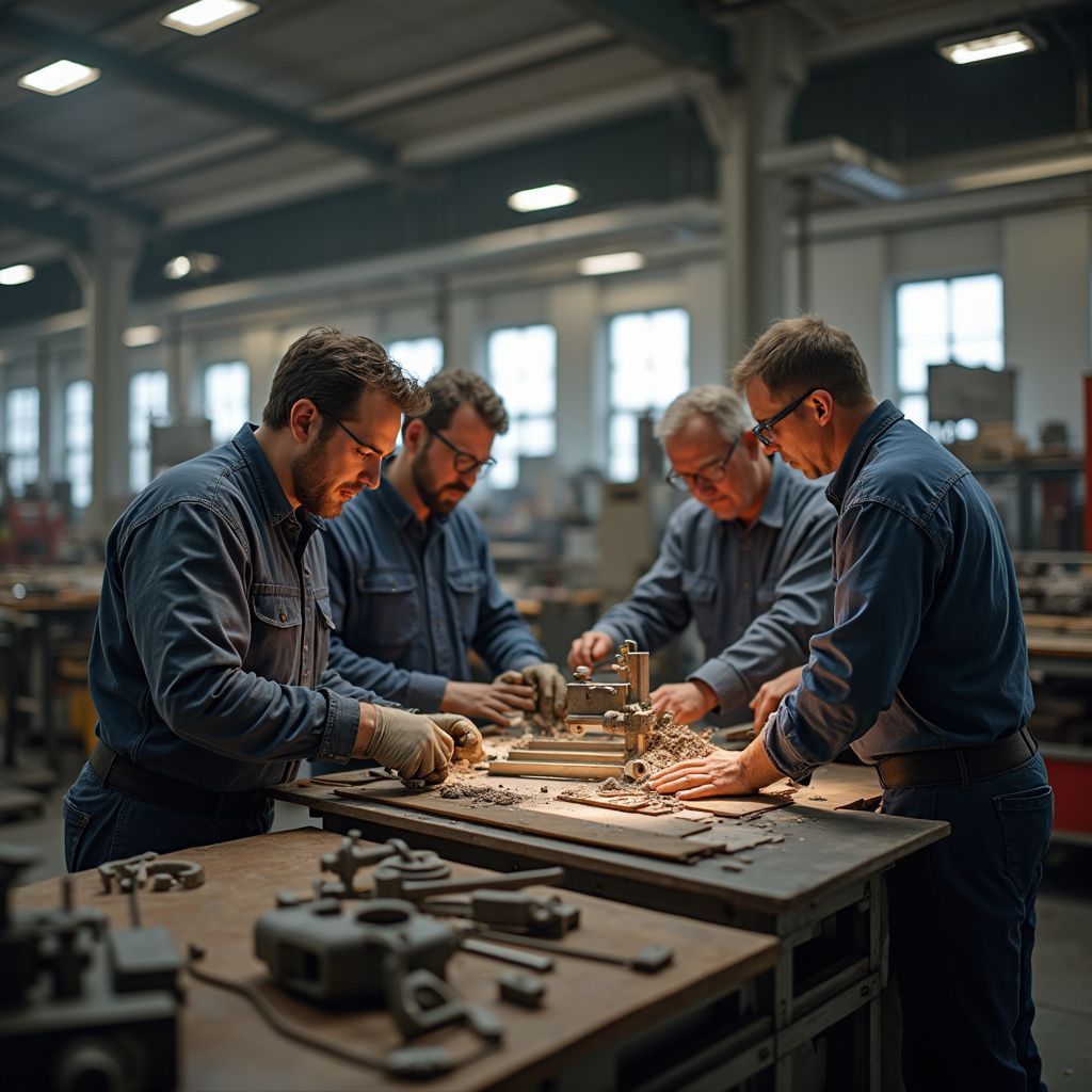 Four workers in blue uniforms assembling metal parts at a workshop table.