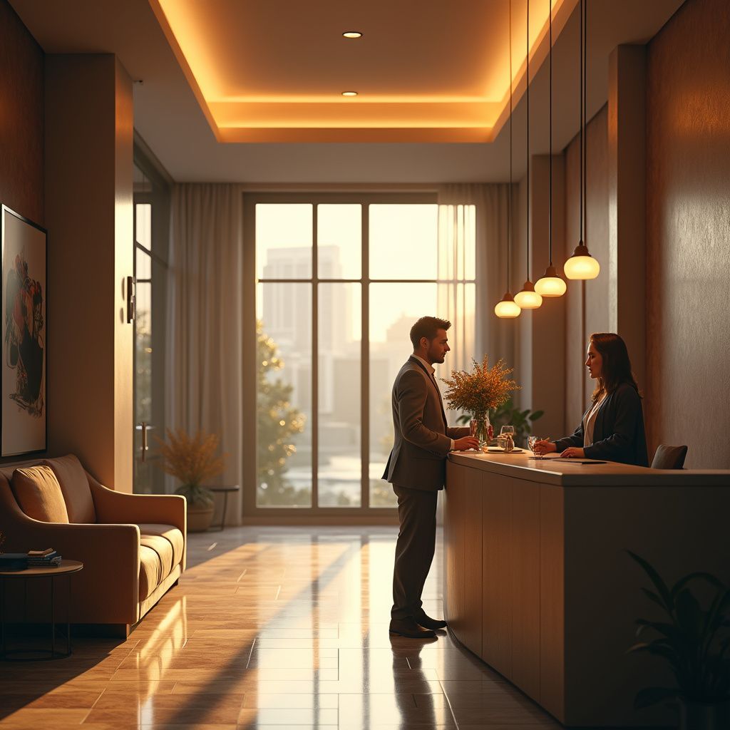 Man at hotel reception desk, talking to receptionist near a window. Interior setting, warm lighting.