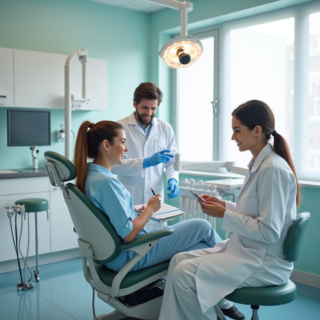 A dental patient consults with two dentists in a brightly lit examination room.