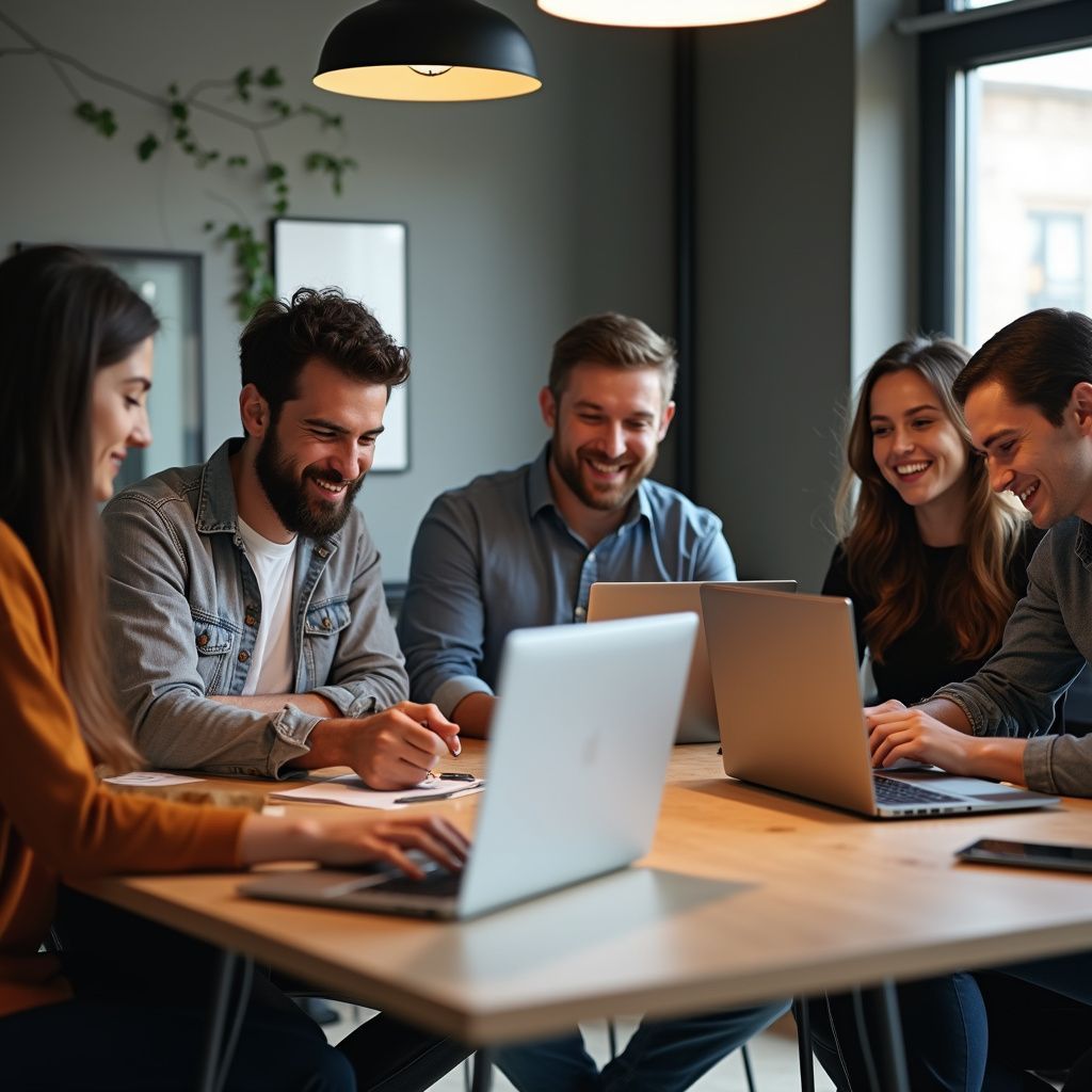 People at a table looking at laptops. They are smiling and working in a modern office.