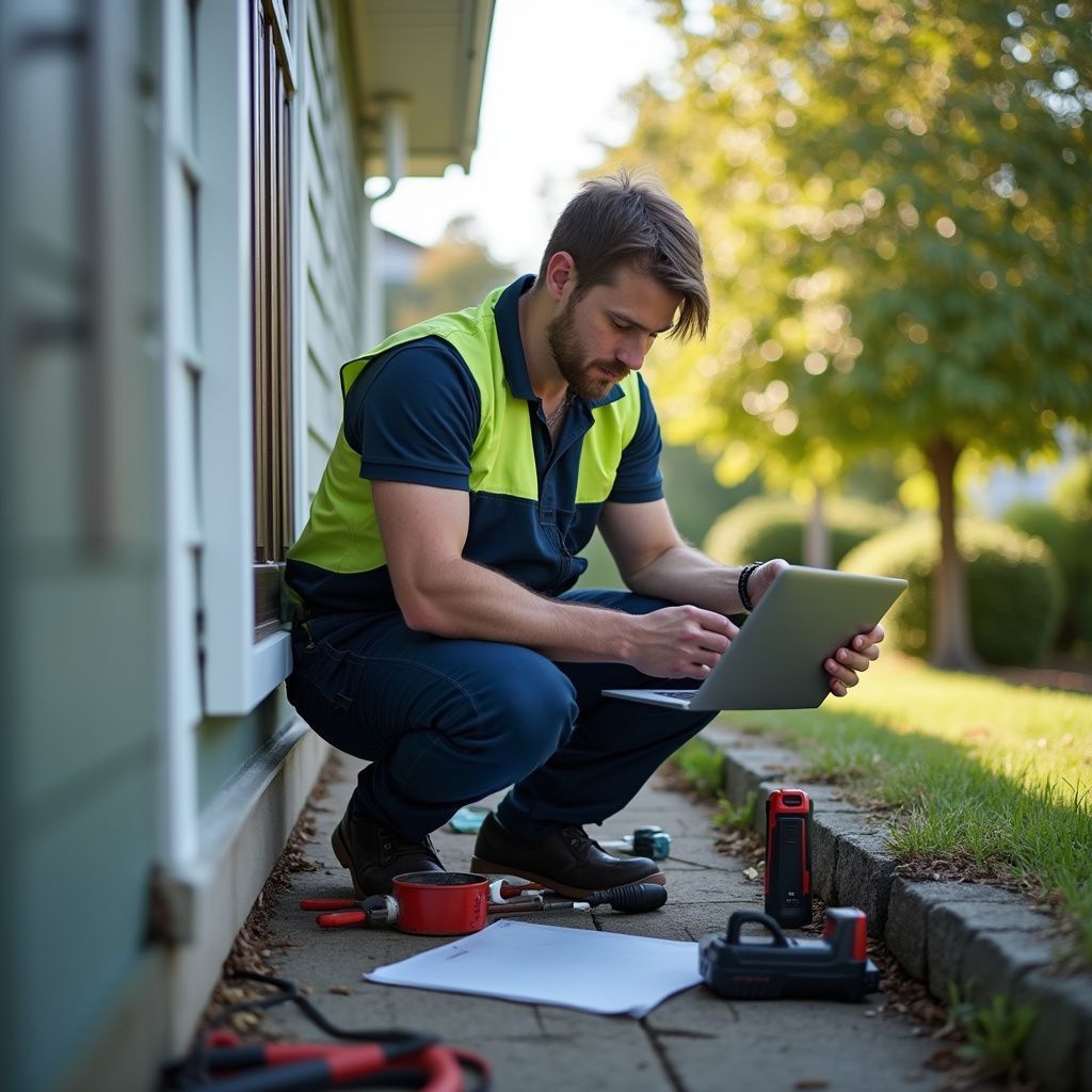 Technician in work clothes crouches outside, using a laptop, tools nearby.