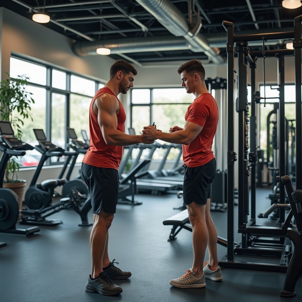 Two men in a gym touching hands. They wear red shirts and black shorts. Gym equipment and windows are in the background.