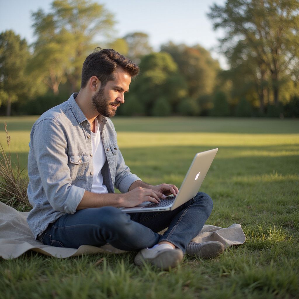 Man using a laptop while sitting on a blanket in a park.