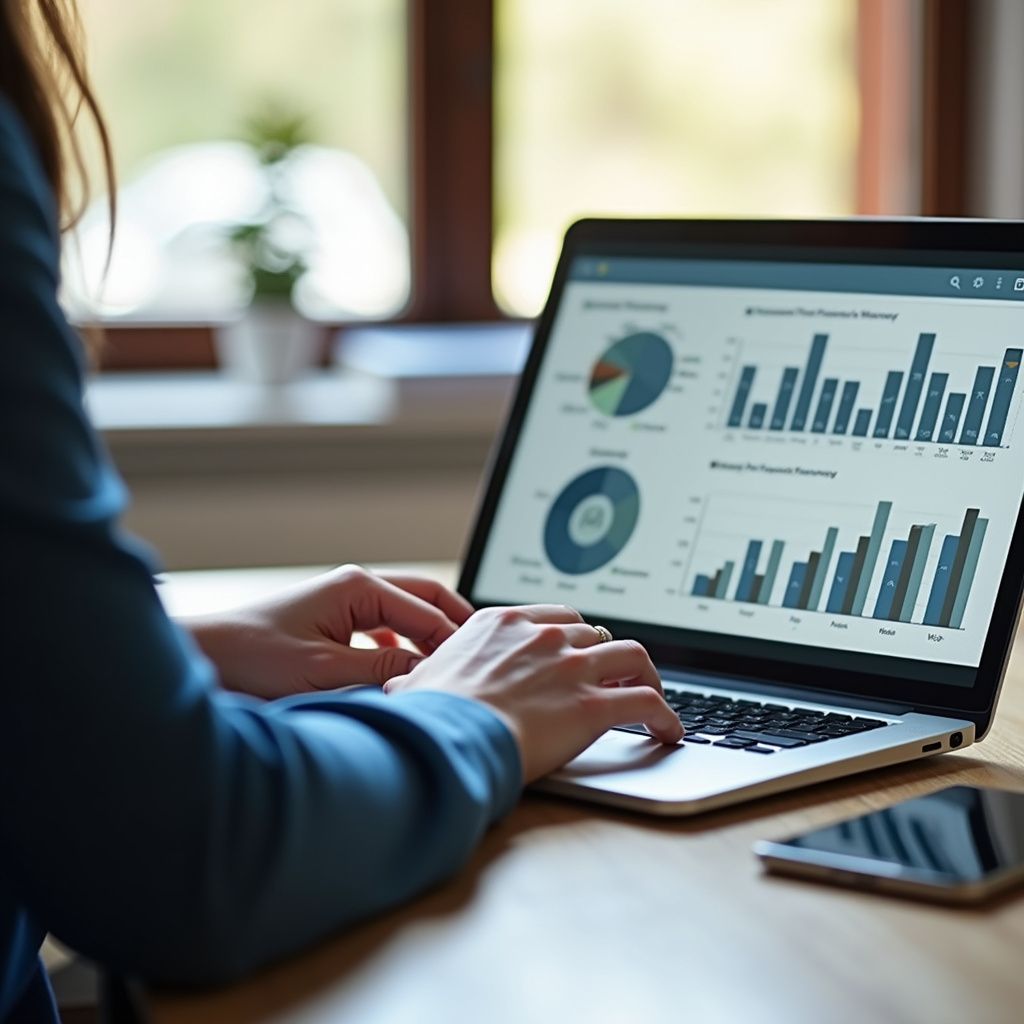 Person using laptop displaying charts and graphs, presumably analyzing data.