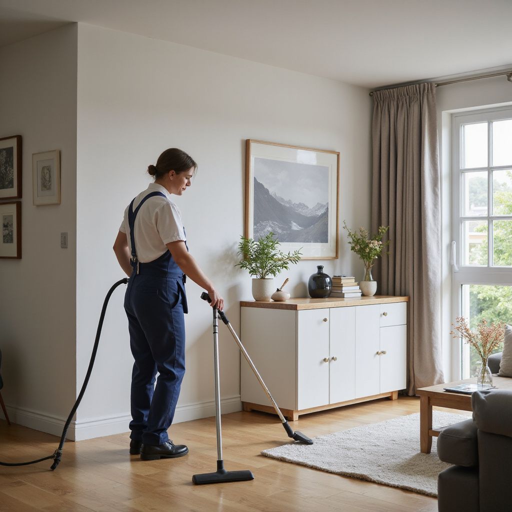 Person vacuuming carpet in a well-lit living room with a white cabinet, plants, and a window with curtains.