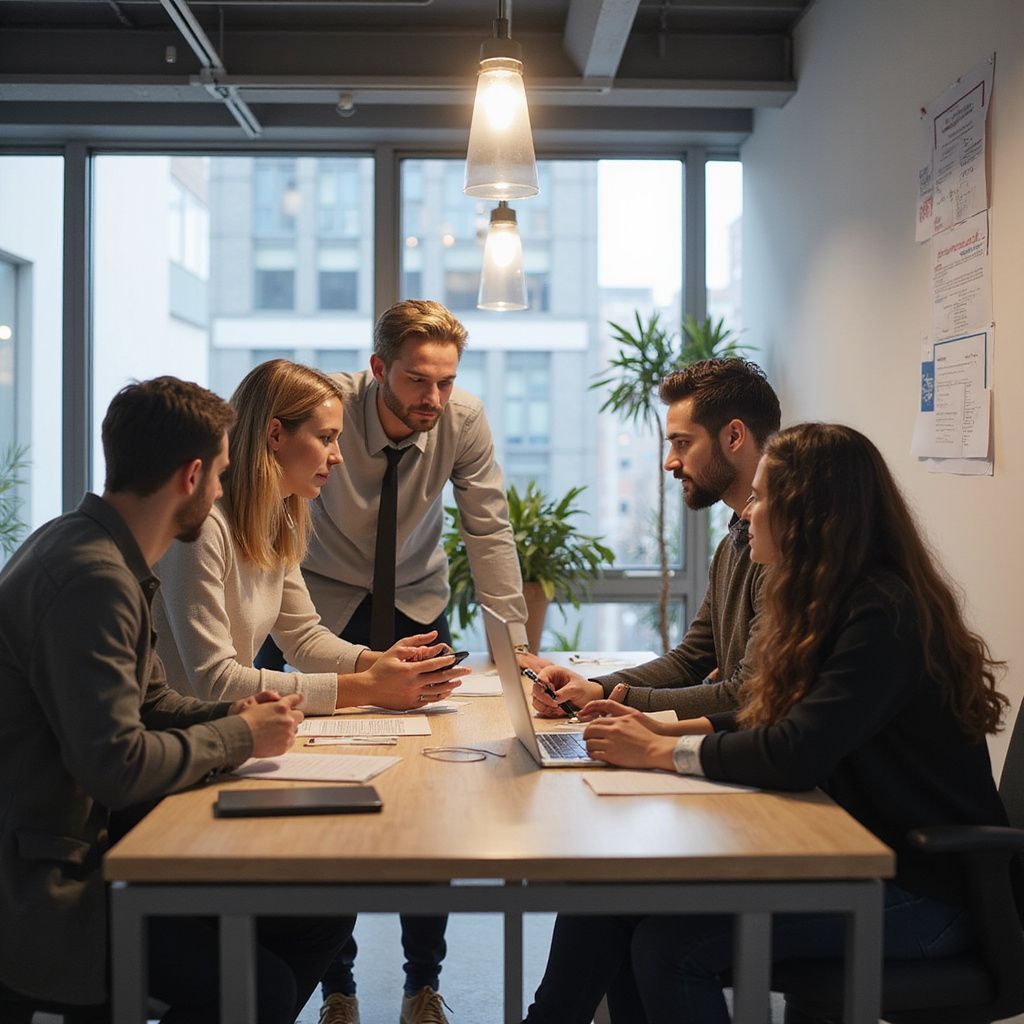 Five people in a meeting around a table, one man standing, looking at a laptop.