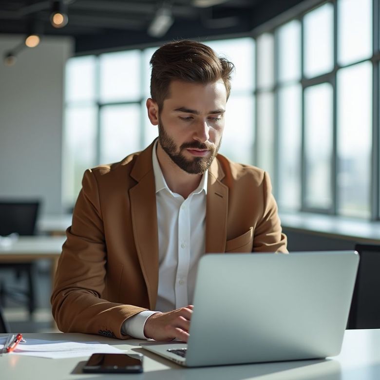 Man in tan blazer working on a laptop in an office.