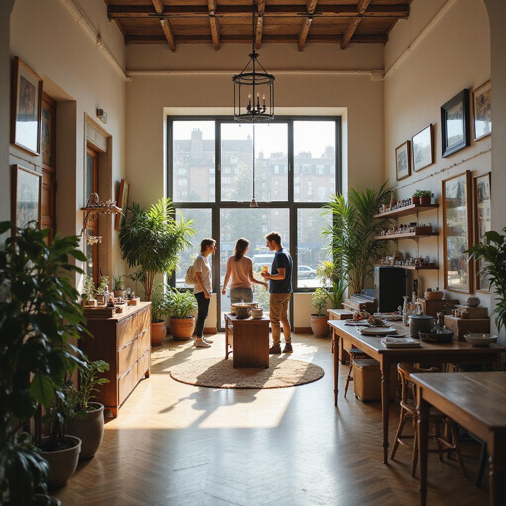 Three people in a bright, sunlit room, standing around a wooden table with potted plants.