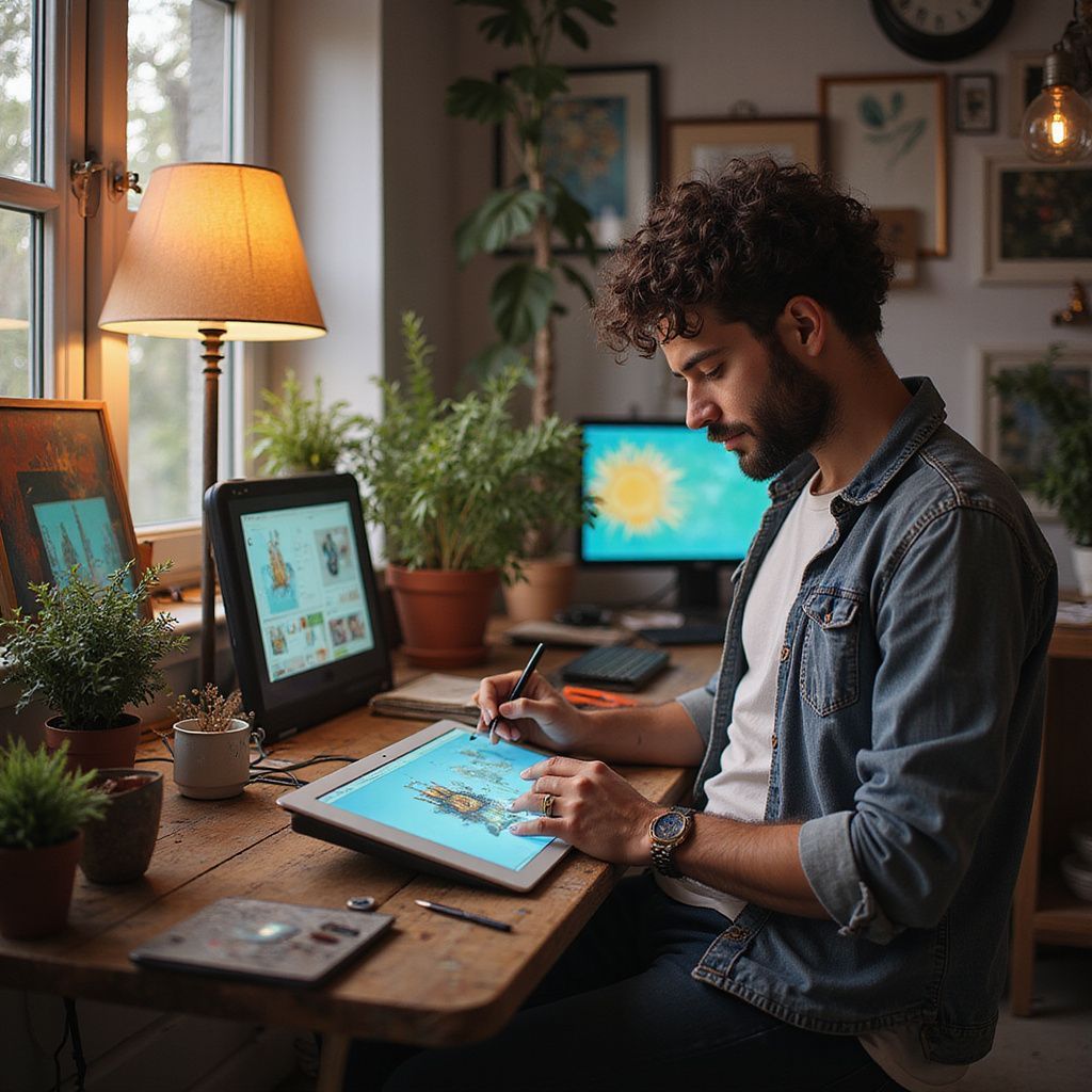 Man with curly hair draws on a digital tablet at a wooden desk near a window. Plants and a computer are visible.