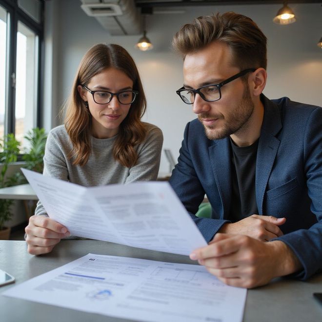 Two people wearing glasses reviewing documents at a table.