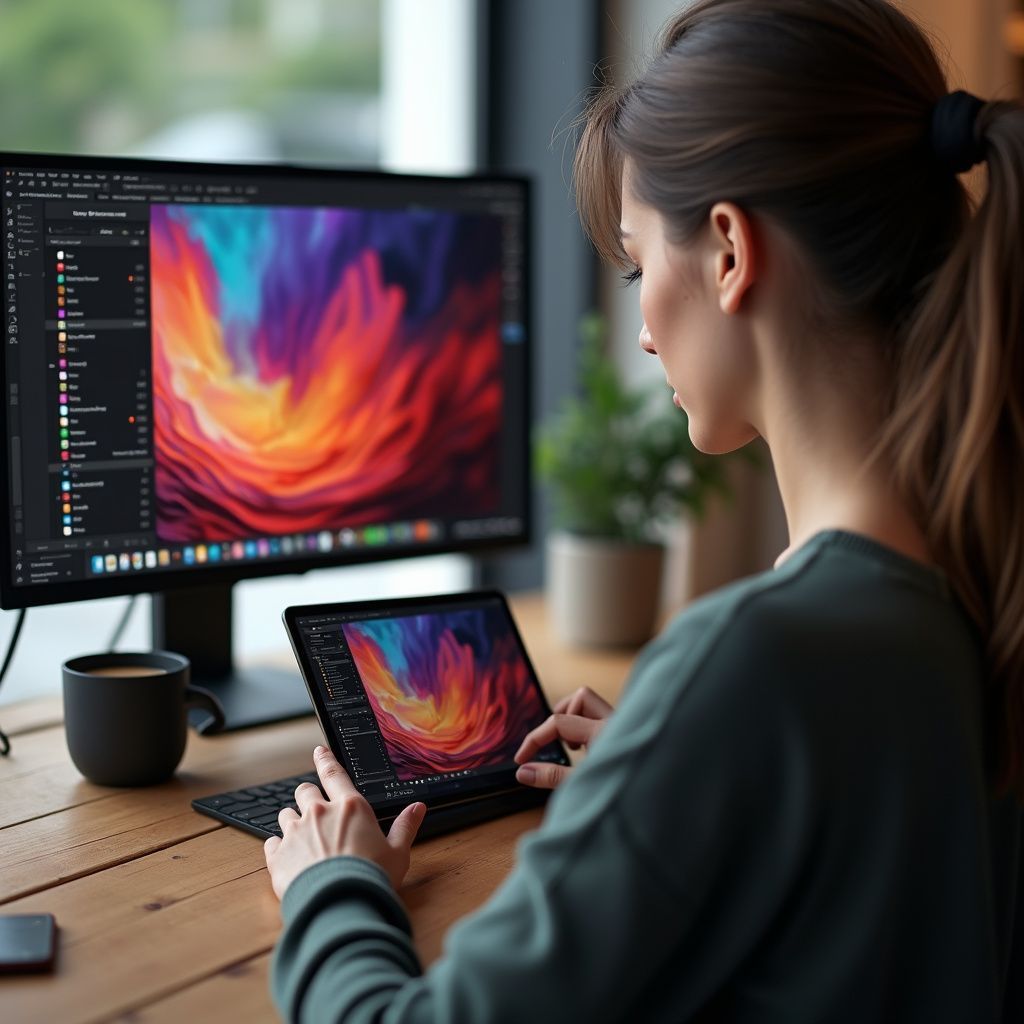 Woman working on a design project at a desk with a monitor and tablet showing colorful abstract art.