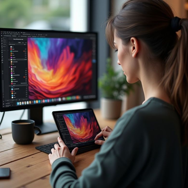 Woman working on a design project at a desk with a monitor and tablet showing colorful abstract art.