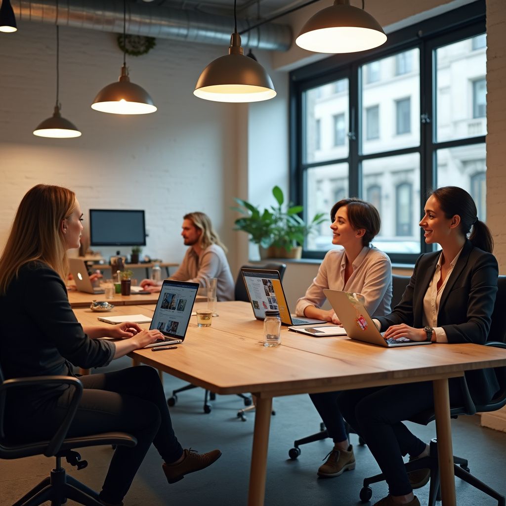 People collaborating at a light-filled office table with laptops. Others work in the background.