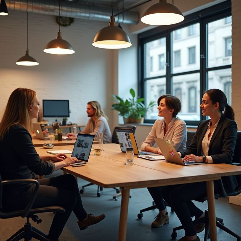 People collaborating at a light-filled office table with laptops. Others work in the background.