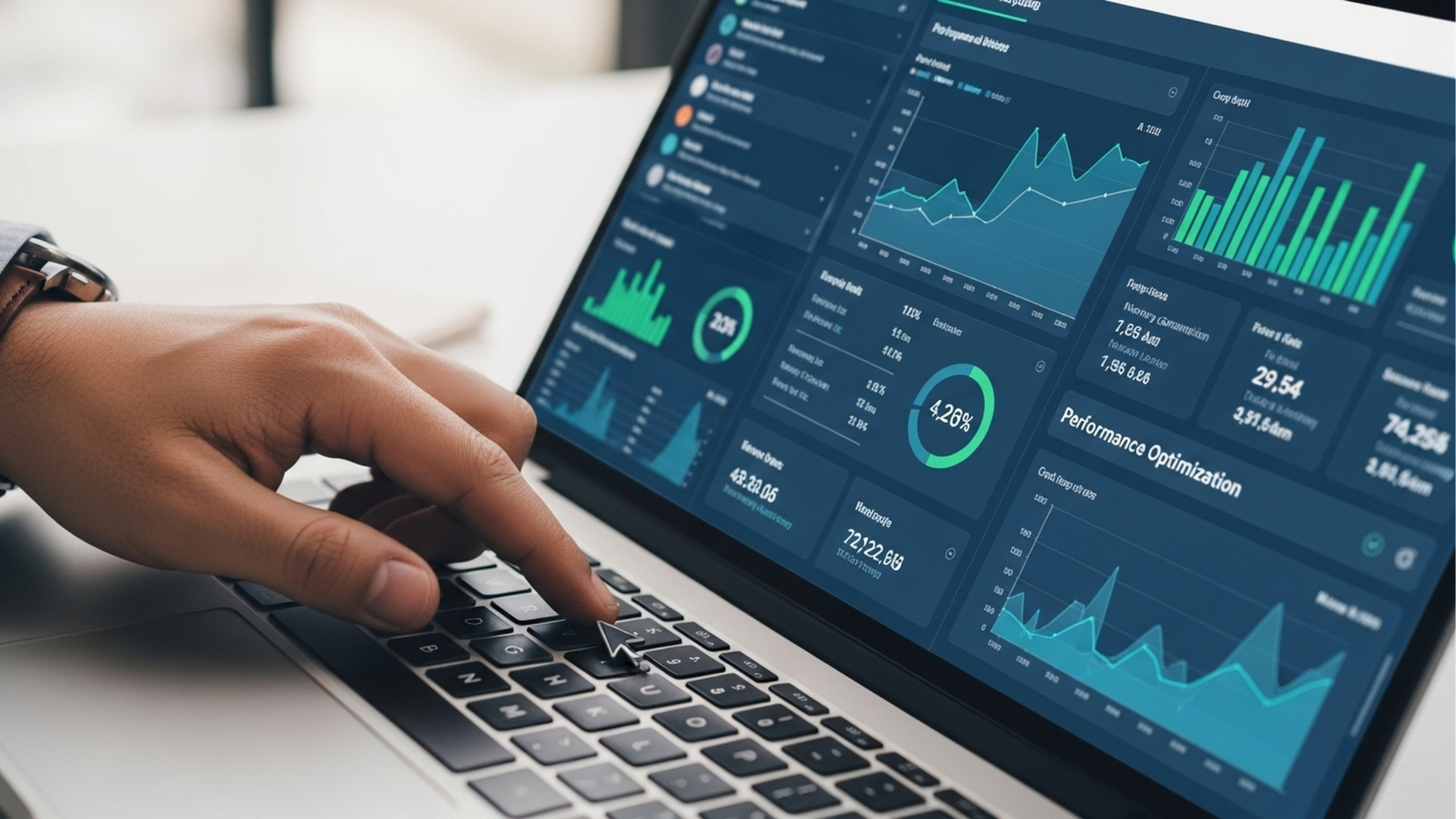 Man typing on keyboard, coding on dual computer monitors, at a desk in a dimly lit room.