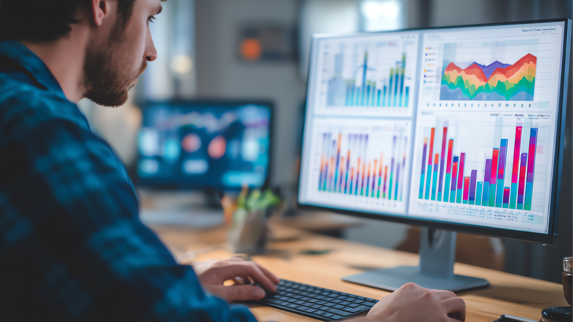 Person typing on laptop, viewing financial charts and pie chart. Phone rests beside the laptop on wooden table.