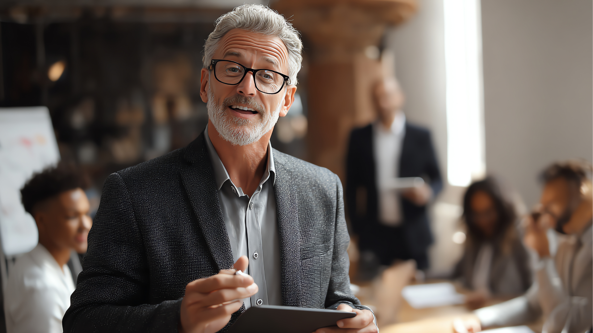 Man with glasses, working on a laptop at a desk with a coffee mug and papers.