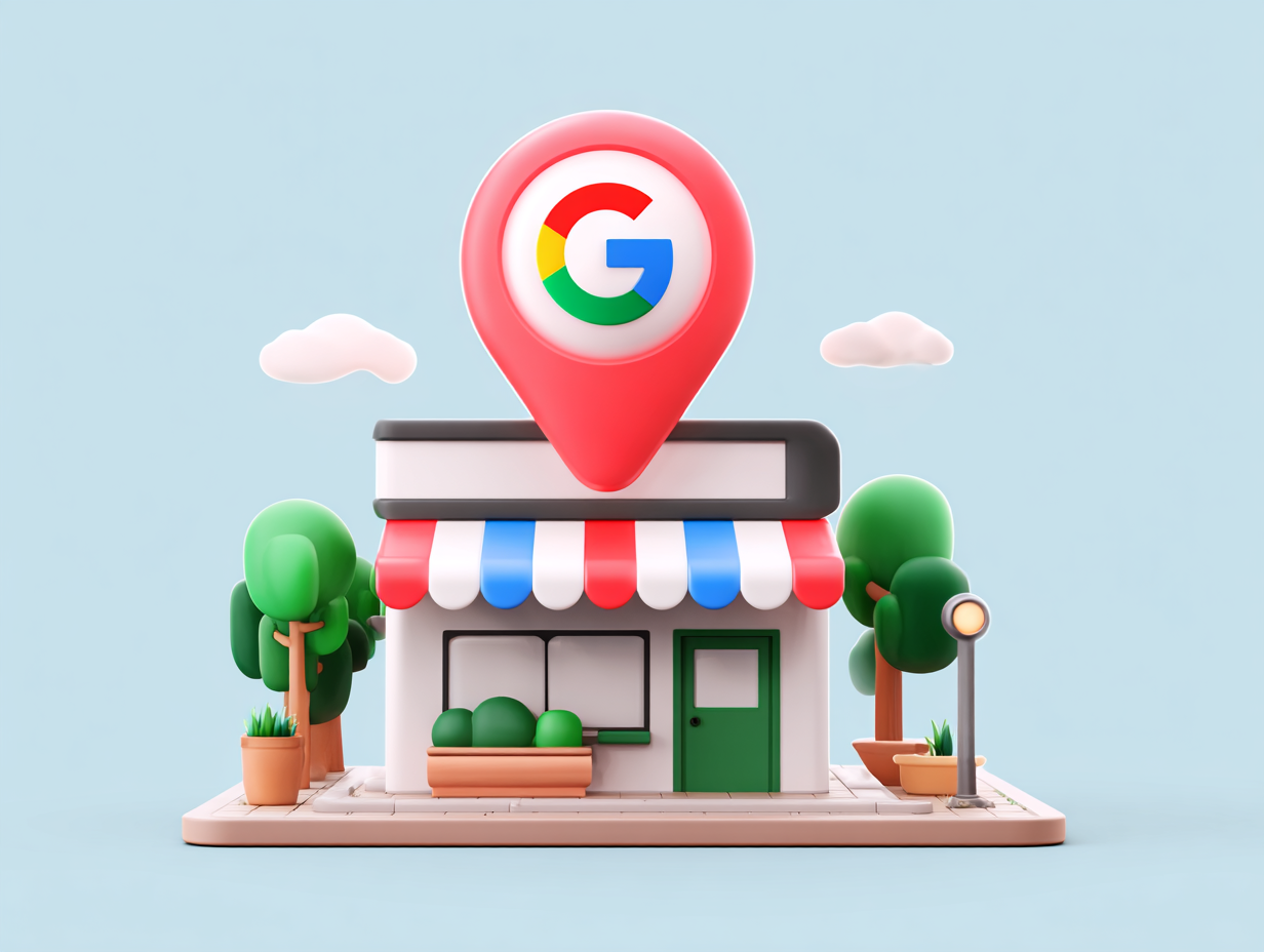 Cartoon shop with Google Maps pin, awning, trees, and street lamp.