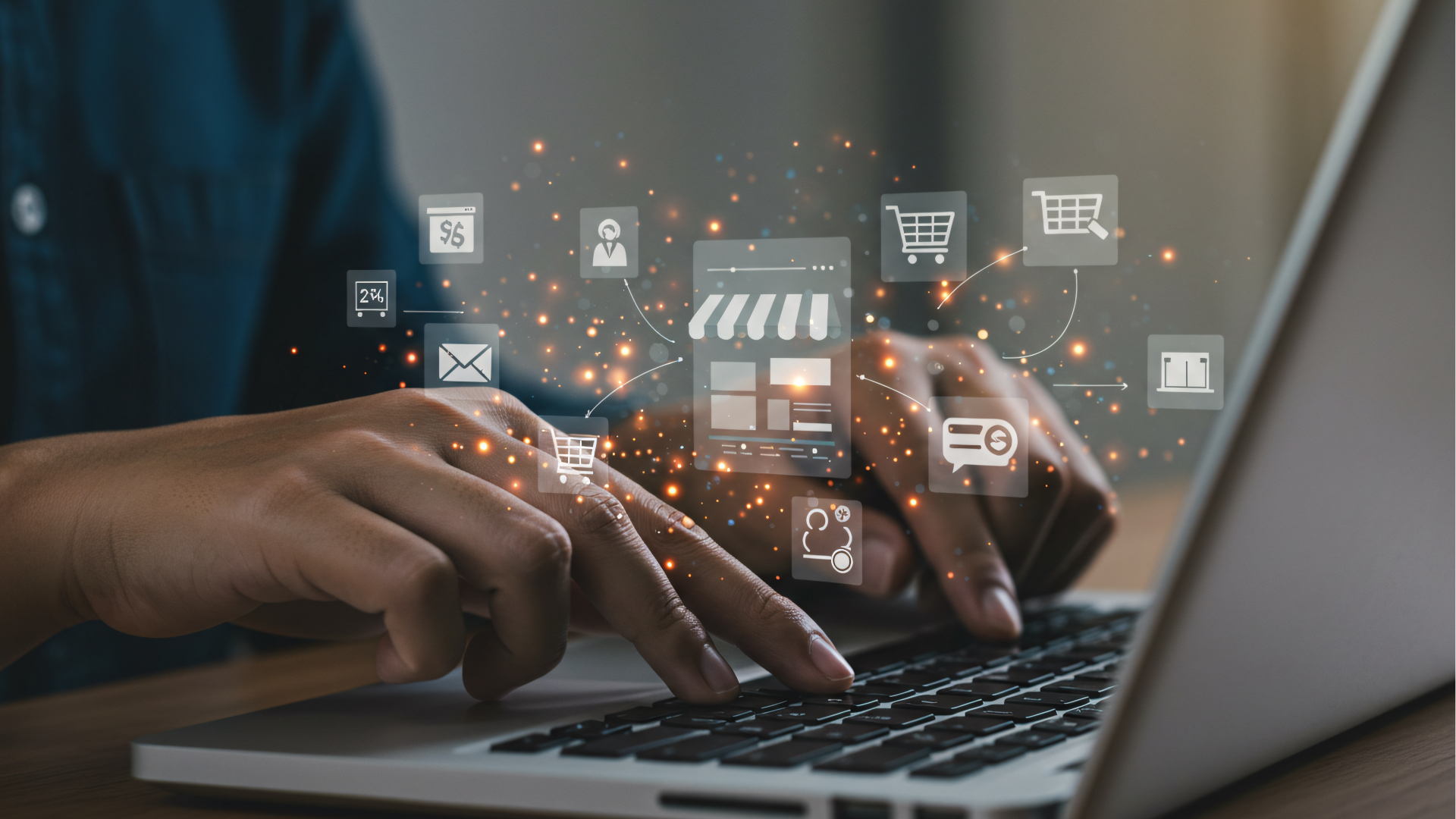 Person typing on laptop, viewing financial charts and pie chart. Phone rests beside the laptop on wooden table.