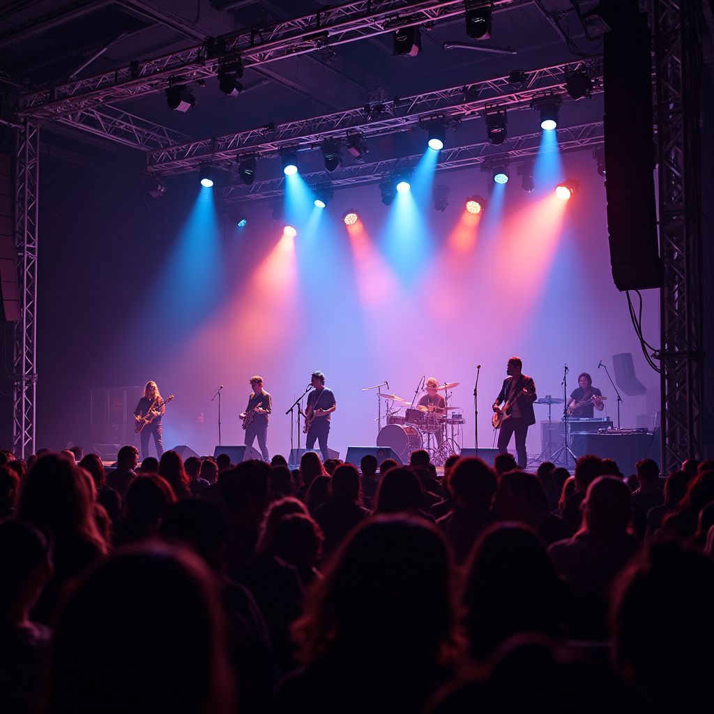 Band performing on stage under stage lights; crowd in foreground.