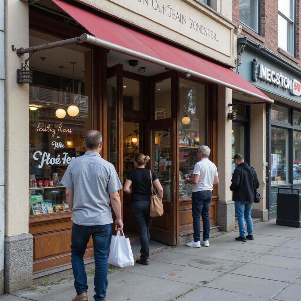 People lined up outside a shop with a red awning. The shop's name is above the entrance.