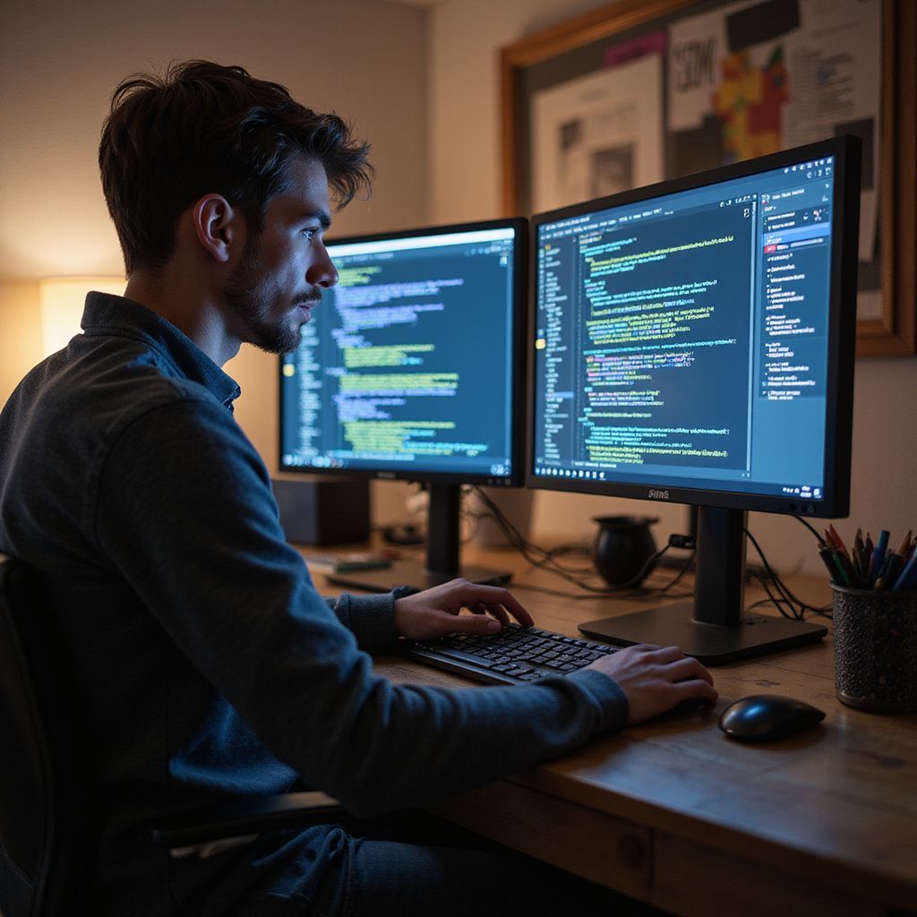 Man typing on keyboard, coding on dual computer monitors, at a desk in a dimly lit room.