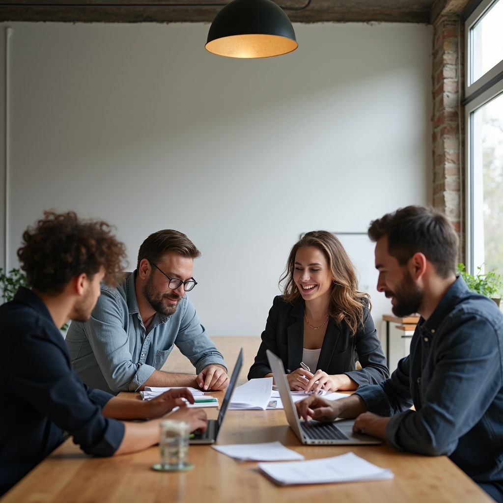 Four people in a meeting around a wooden table, using laptops and looking at documents.