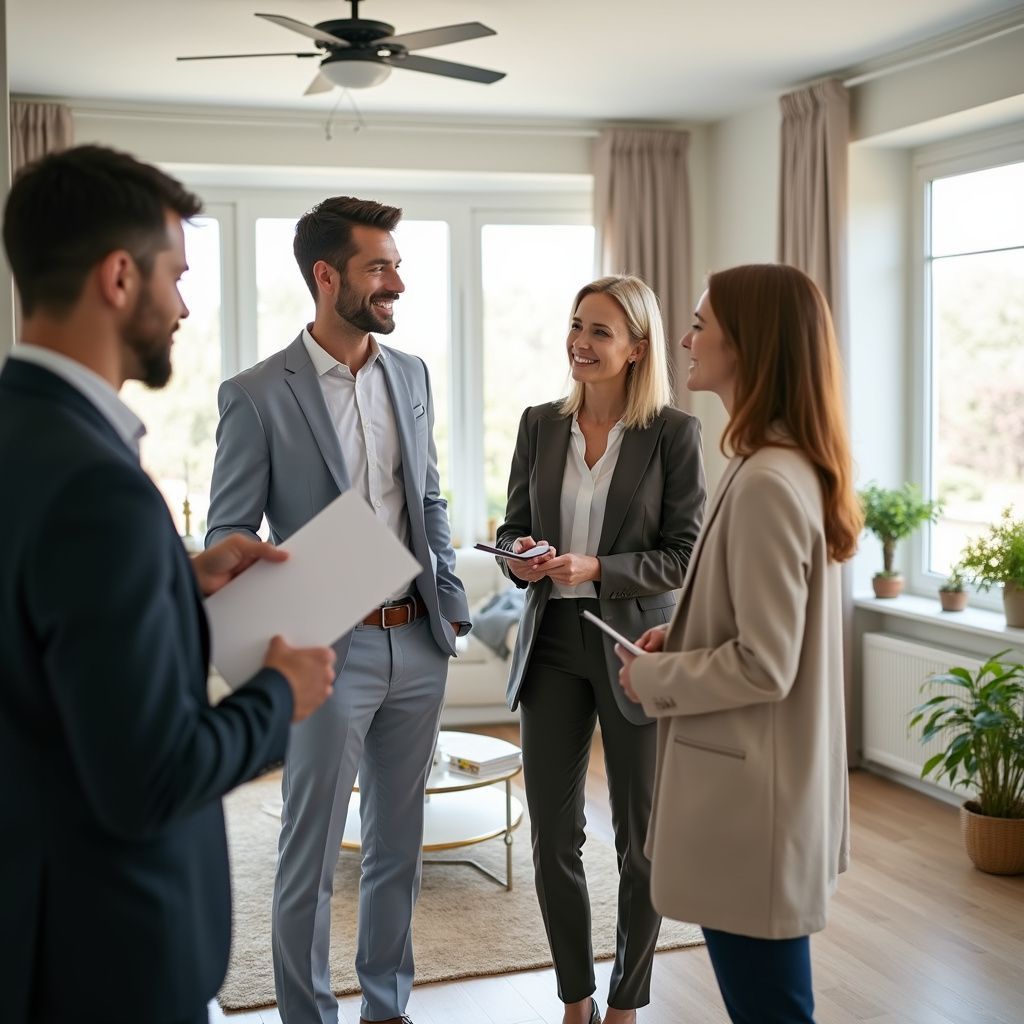 Four businesspeople in a bright room, conversing. Two hold papers and two hold tablets.