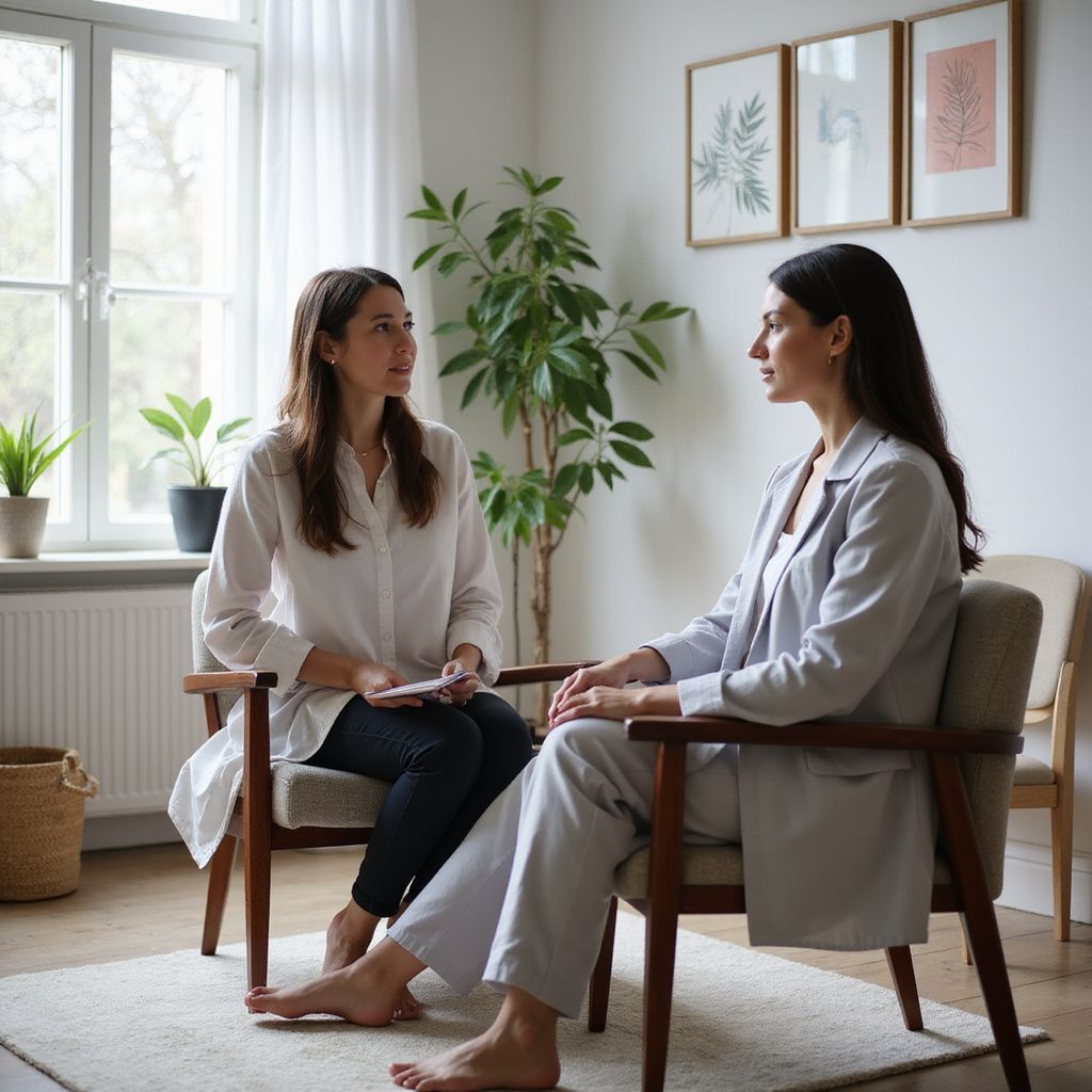 Two women in chairs talking; one holds a notepad. Room with plants, art, window.