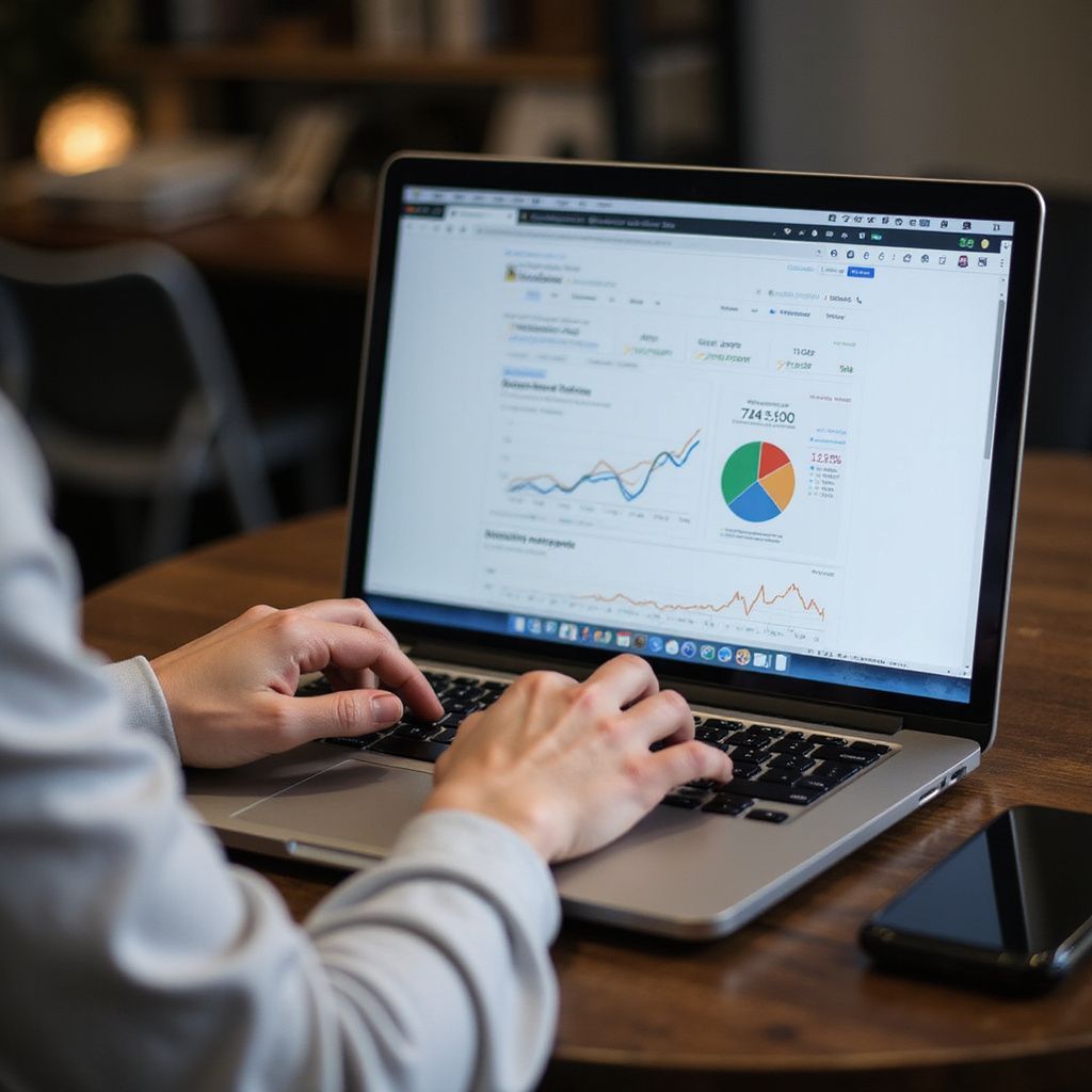 Person typing on laptop, viewing financial charts and pie chart. Phone rests beside the laptop on wooden table.