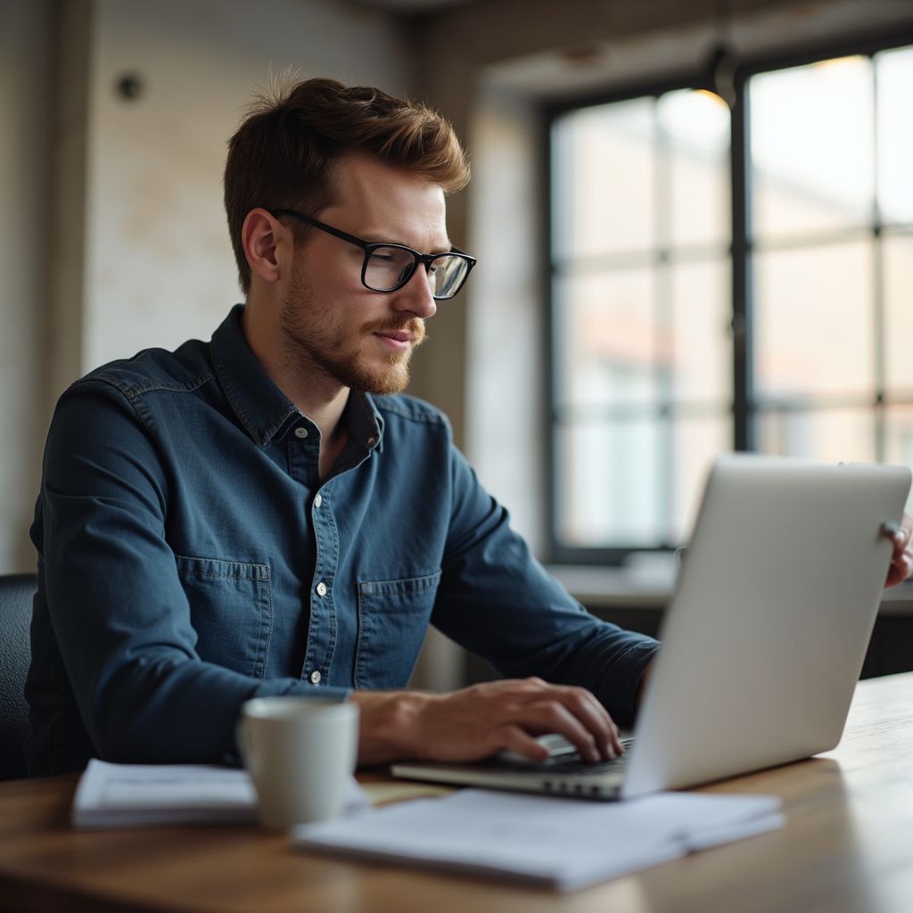 Man with glasses, working on a laptop at a desk with a coffee mug and papers.