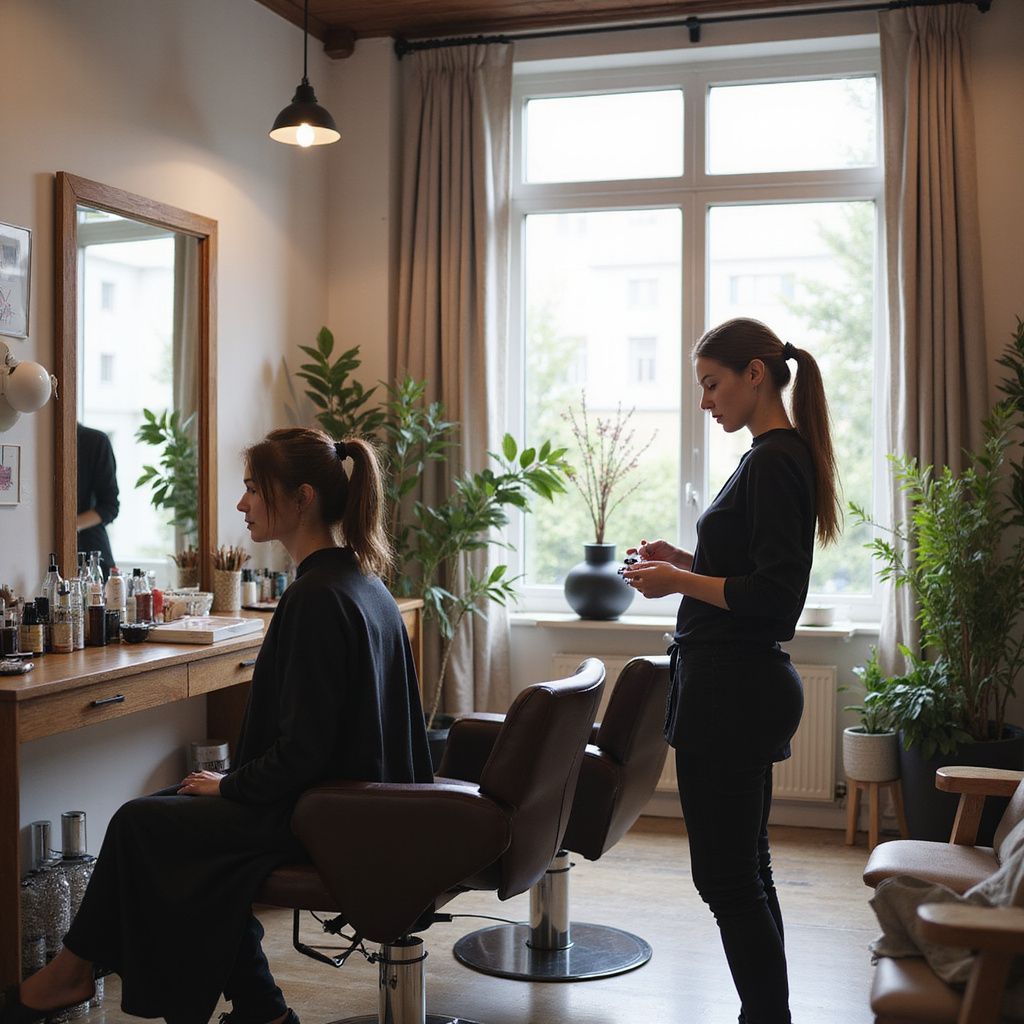 Hairdresser styling client's hair in a salon; natural light, plants, mirror.