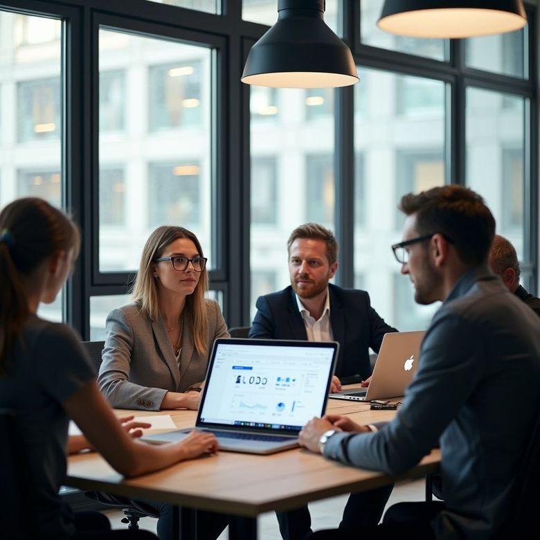 Business team in a meeting around a table, looking at a laptop with graphs.