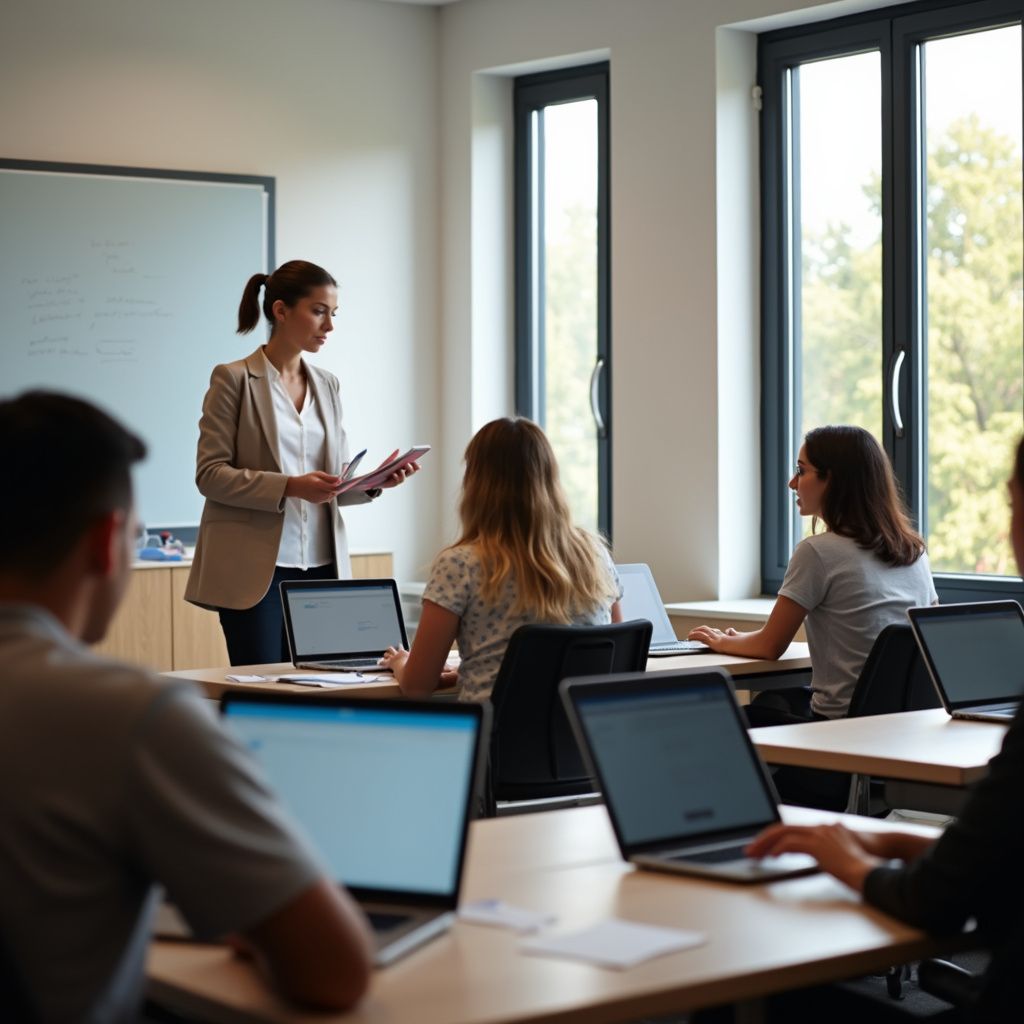 A teacher in a blazer leading a lesson in a classroom with students using laptops.