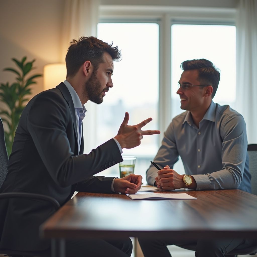 Two men in business attire at a table; one gestures, the other smiles. Papers and a glass sit on the table.