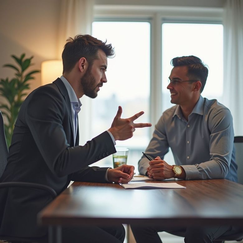 Two men in business attire at a table; one gestures, the other smiles. Papers and a glass sit on the table.