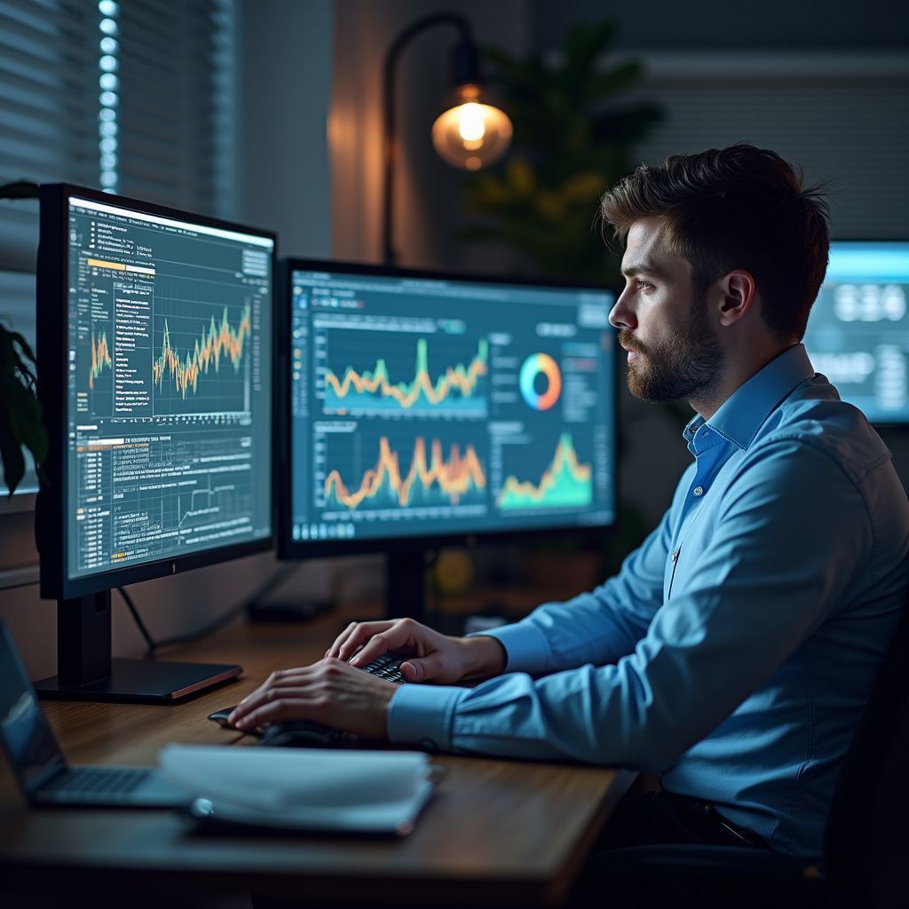 Man analyzing data on multiple computer monitors in an office setting, typing on a keyboard.