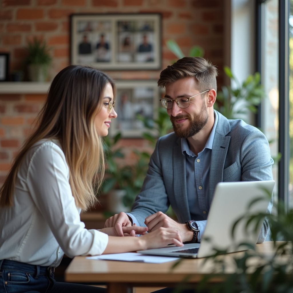 Woman and man looking at a laptop, smiling. They are seated at a table indoors.