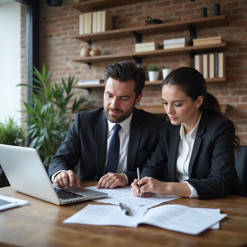 Man and woman in suits reviewing documents at a wooden table, laptop open.