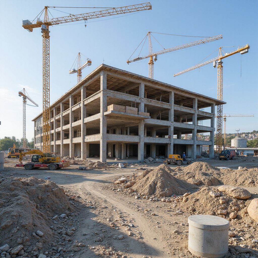 Construction site with a partially built concrete building, surrounded by dirt and multiple yellow cranes.