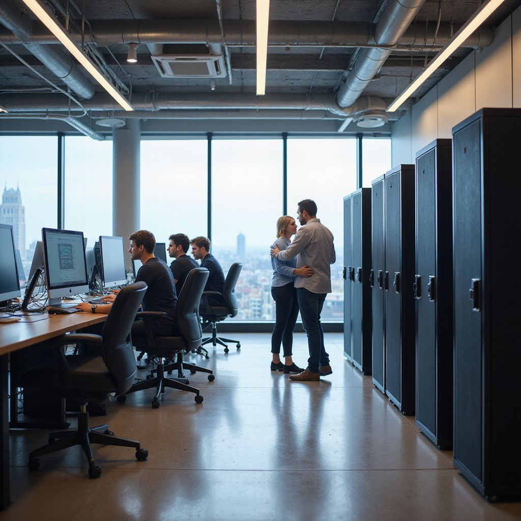 Office scene: People working at computers. Two people embrace by a row of black storage cabinets near a large window.