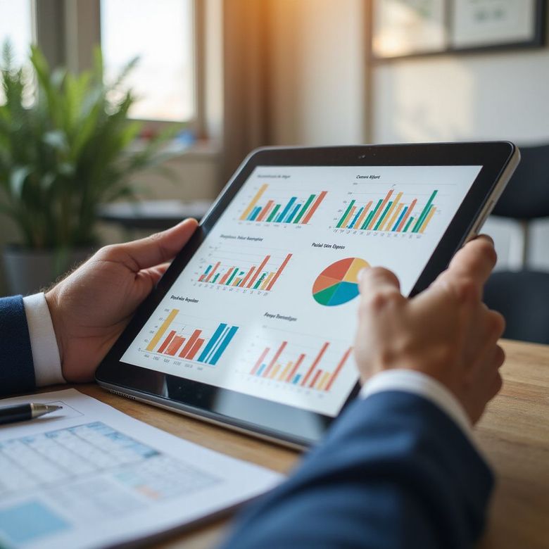 Person in blue suit reviews financial charts on a tablet at a desk.