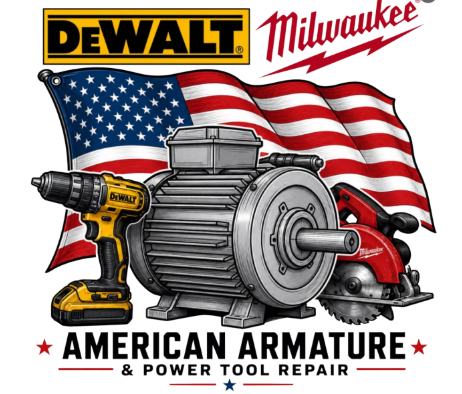 American Armature & Power Tool Repair logo with drill, motor, and American flag