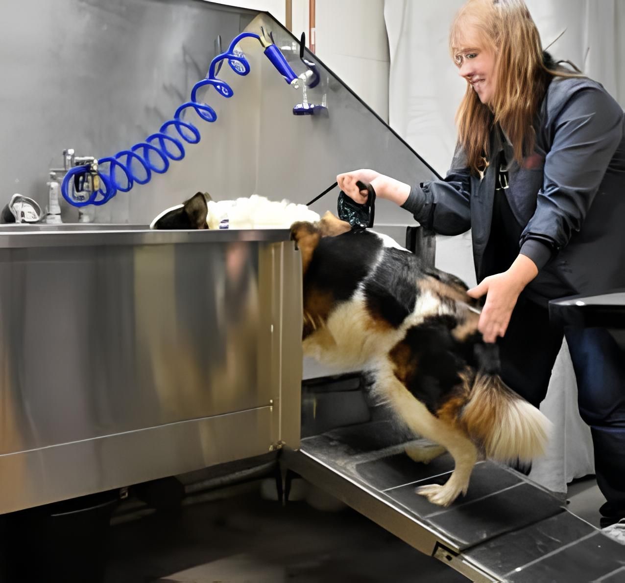 a woman is washing a dog in a stainless steel sink